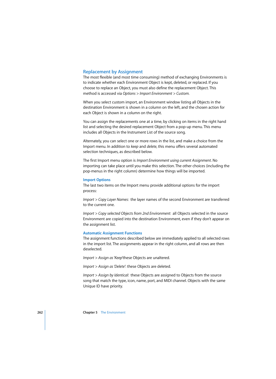 Replacement by assignment, Import options, Automatic assignment functions | Apple Logic Pro 7 User Manual | Page 262 / 730