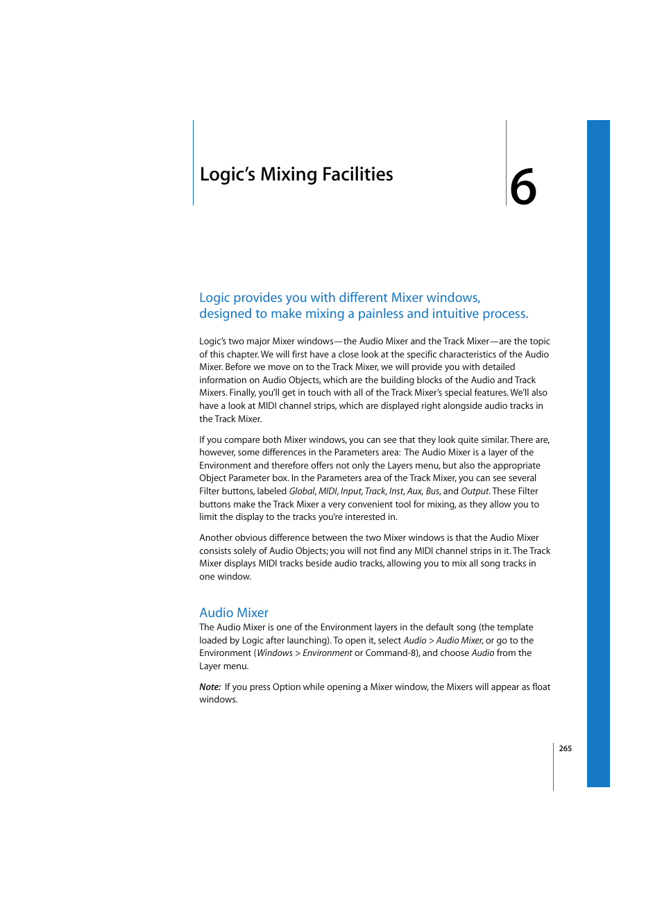 Logic’s mixing facilities, Audio mixer | Apple Logic Pro 7 User Manual | Page 265 / 730