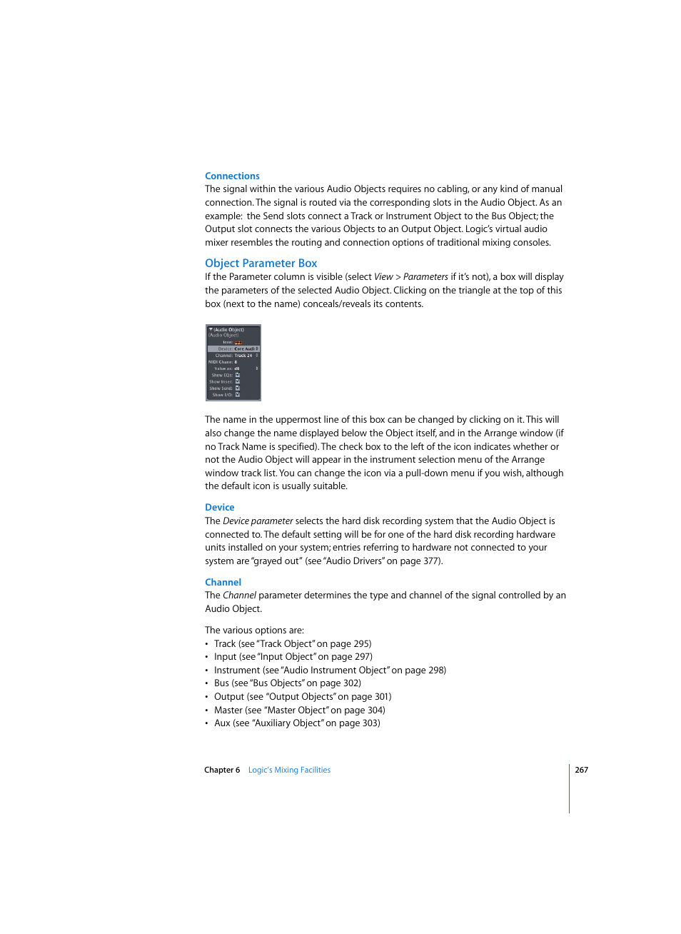 Connections, Object parameter box, Device | Channel | Apple Logic Pro 7 User Manual | Page 267 / 730