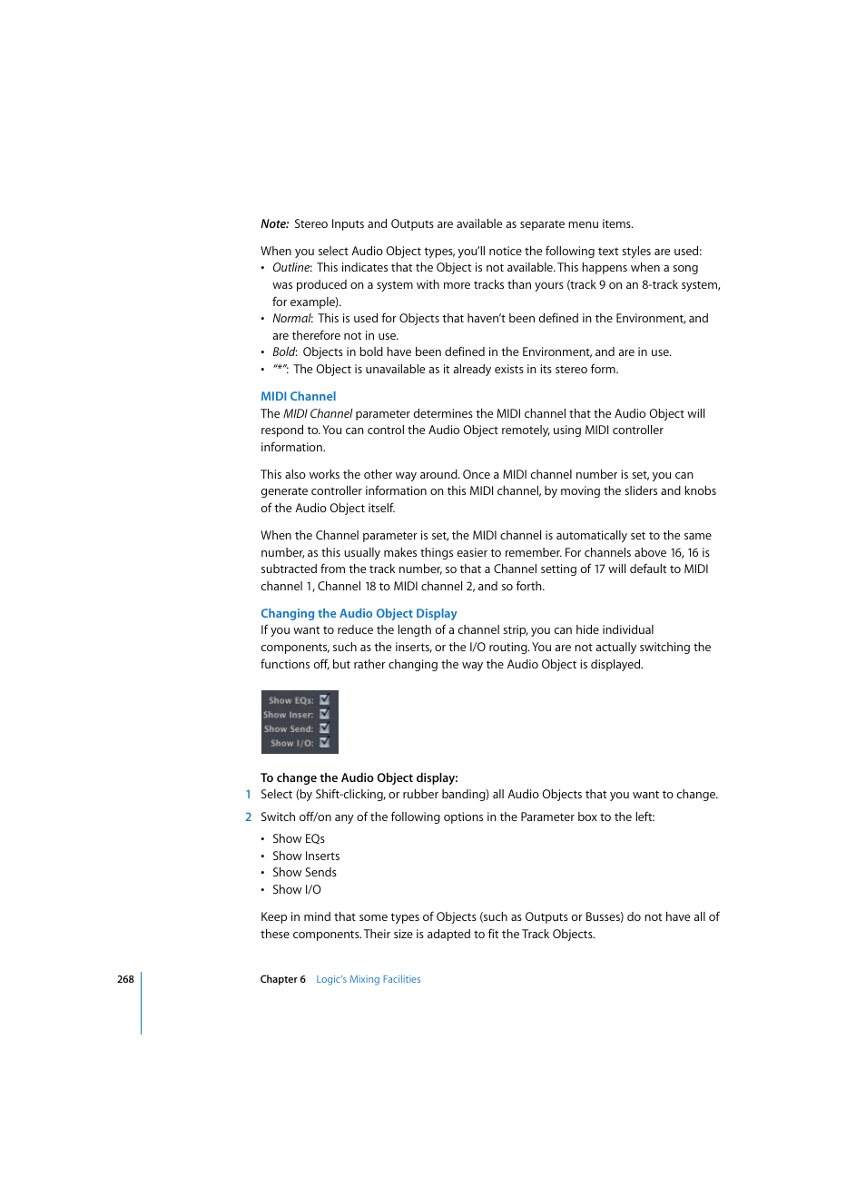 Midi channel, Changing the audio object display | Apple Logic Pro 7 User Manual | Page 268 / 730