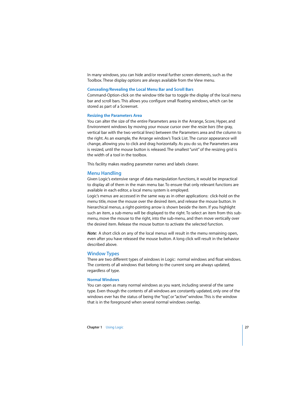 Resizing the parameters area, Menu handling, Window types | Normal windows | Apple Logic Pro 7 User Manual | Page 27 / 730