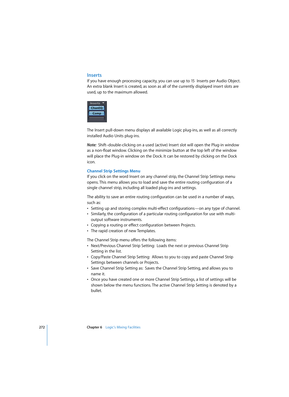 Inserts, Channel strip settings menu | Apple Logic Pro 7 User Manual | Page 272 / 730