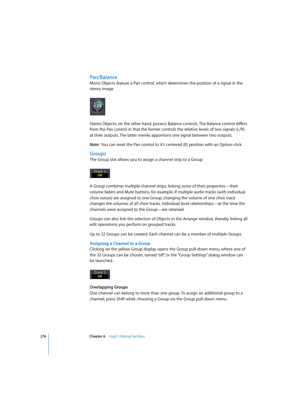 Pan/balance, Groups, Assigning a channel to a group | Apple Logic Pro 7 User Manual | Page 276 / 730