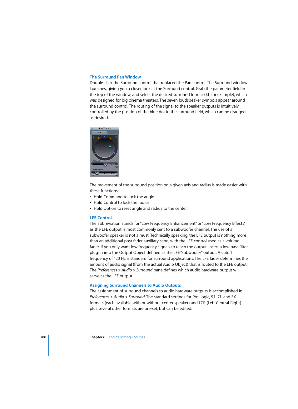 The surround pan window, Lfe control, Assigning surround channels to audio outputs | Apple Logic Pro 7 User Manual | Page 280 / 730