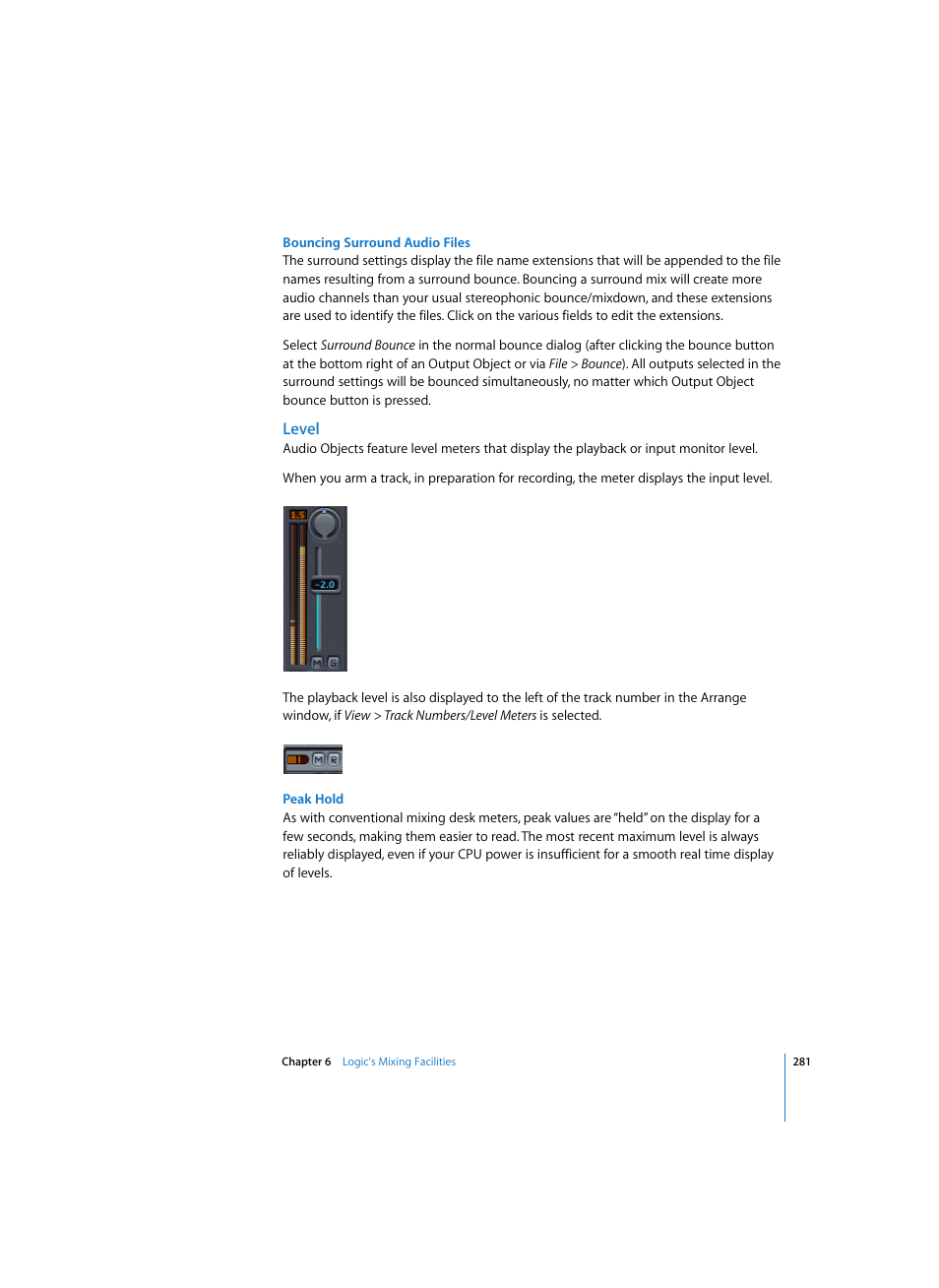 Bouncing surround audio files, Level, Peak hold | Apple Logic Pro 7 User Manual | Page 281 / 730