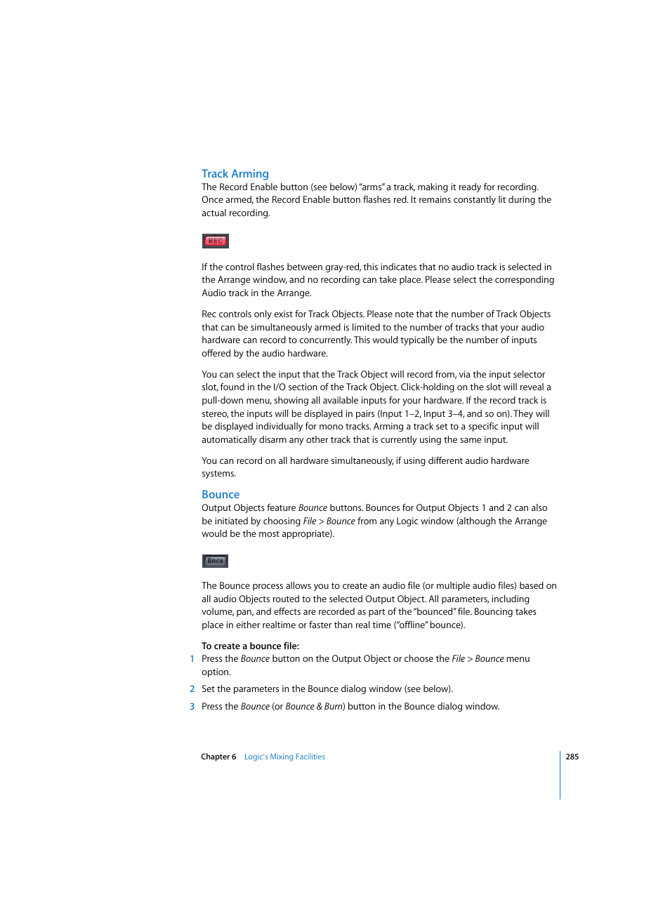 Track arming, Bounce | Apple Logic Pro 7 User Manual | Page 285 / 730