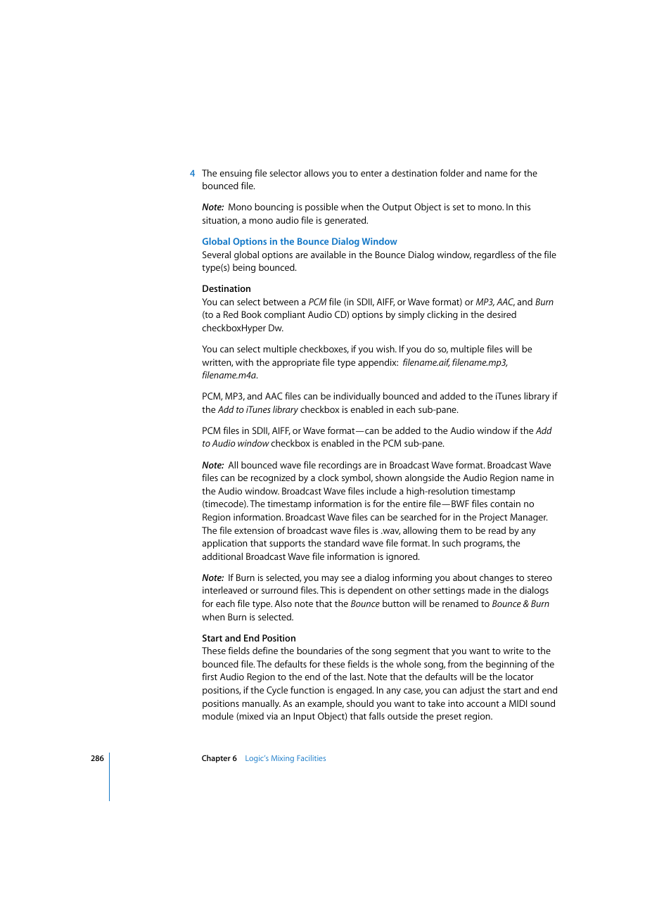 Global options in the bounce dialog window | Apple Logic Pro 7 User Manual | Page 286 / 730