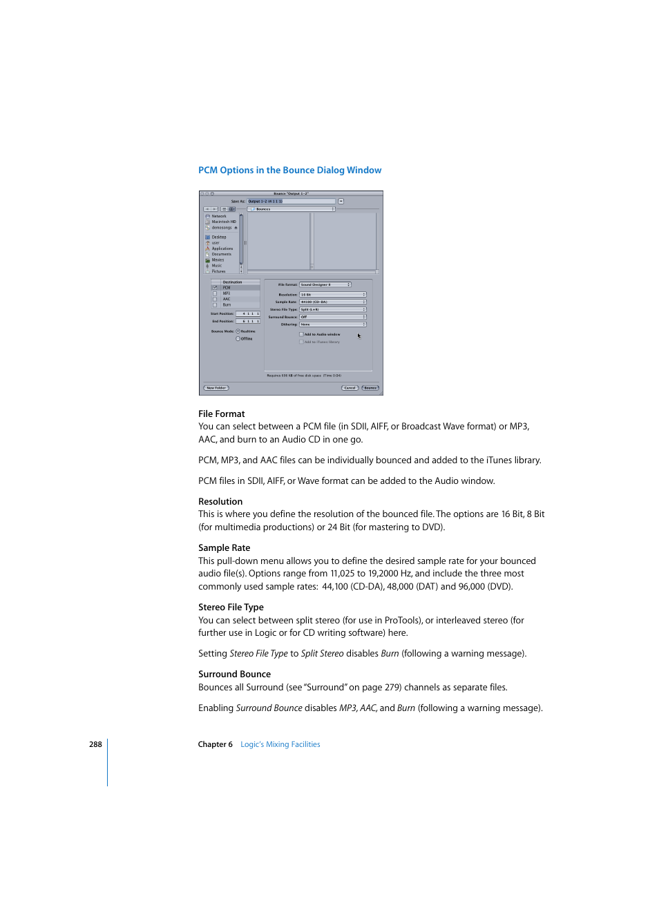 Pcm options in the bounce dialog window | Apple Logic Pro 7 User Manual | Page 288 / 730