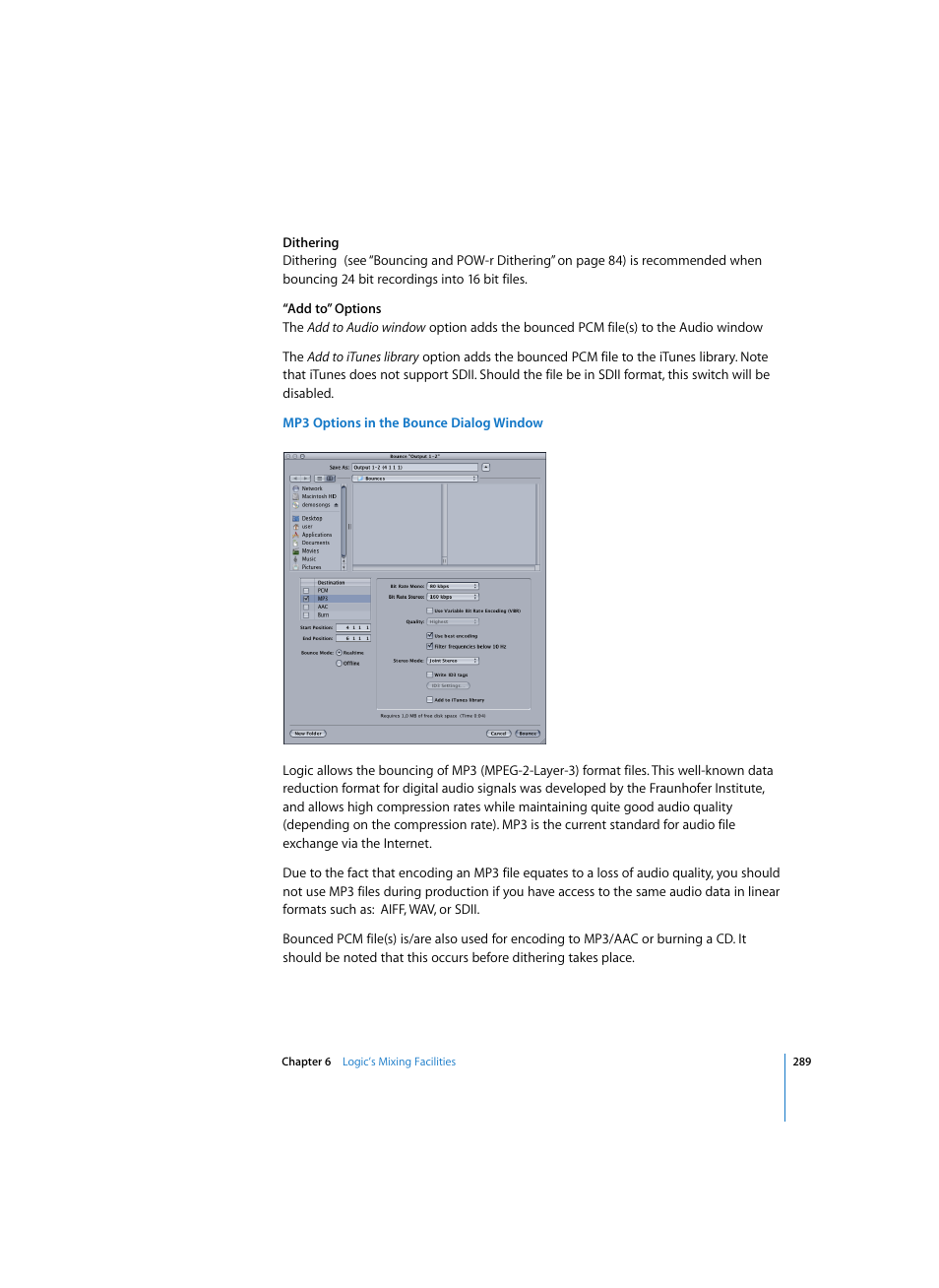 Mp3 options in the bounce dialog window | Apple Logic Pro 7 User Manual | Page 289 / 730