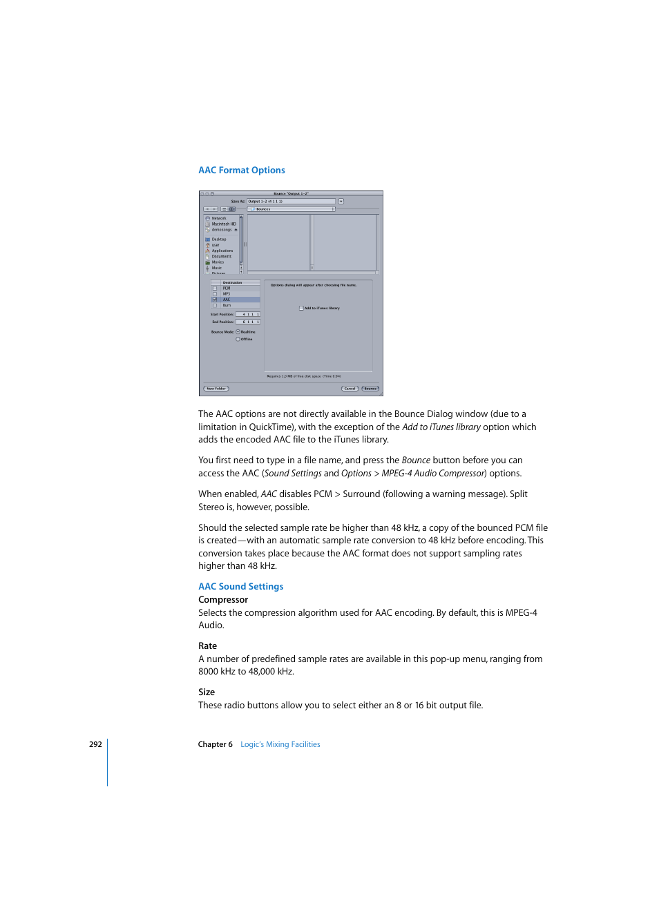 Aac format options, Aac sound settings | Apple Logic Pro 7 User Manual | Page 292 / 730