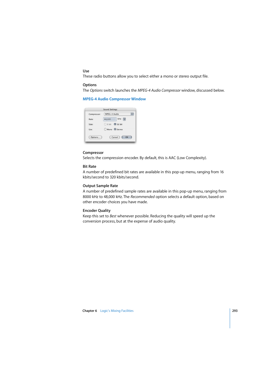 Mpeg-4 audio compressor window | Apple Logic Pro 7 User Manual | Page 293 / 730