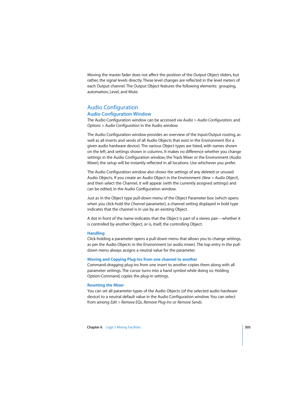 Audio configuration, Audio configuration window, Handling | Resetting the mixer | Apple Logic Pro 7 User Manual | Page 305 / 730