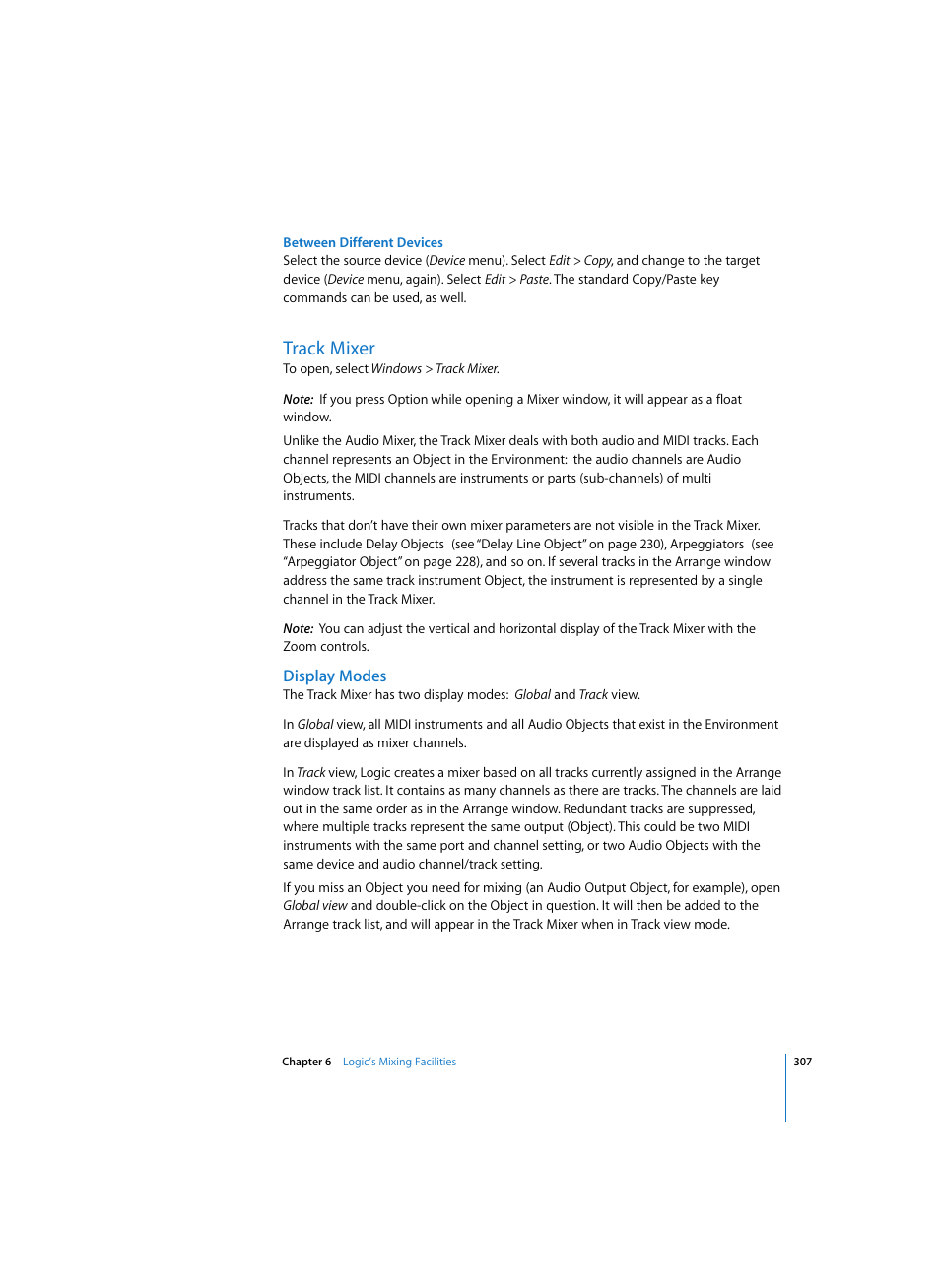 Between different devices, Track mixer, Display modes | Apple Logic Pro 7 User Manual | Page 307 / 730
