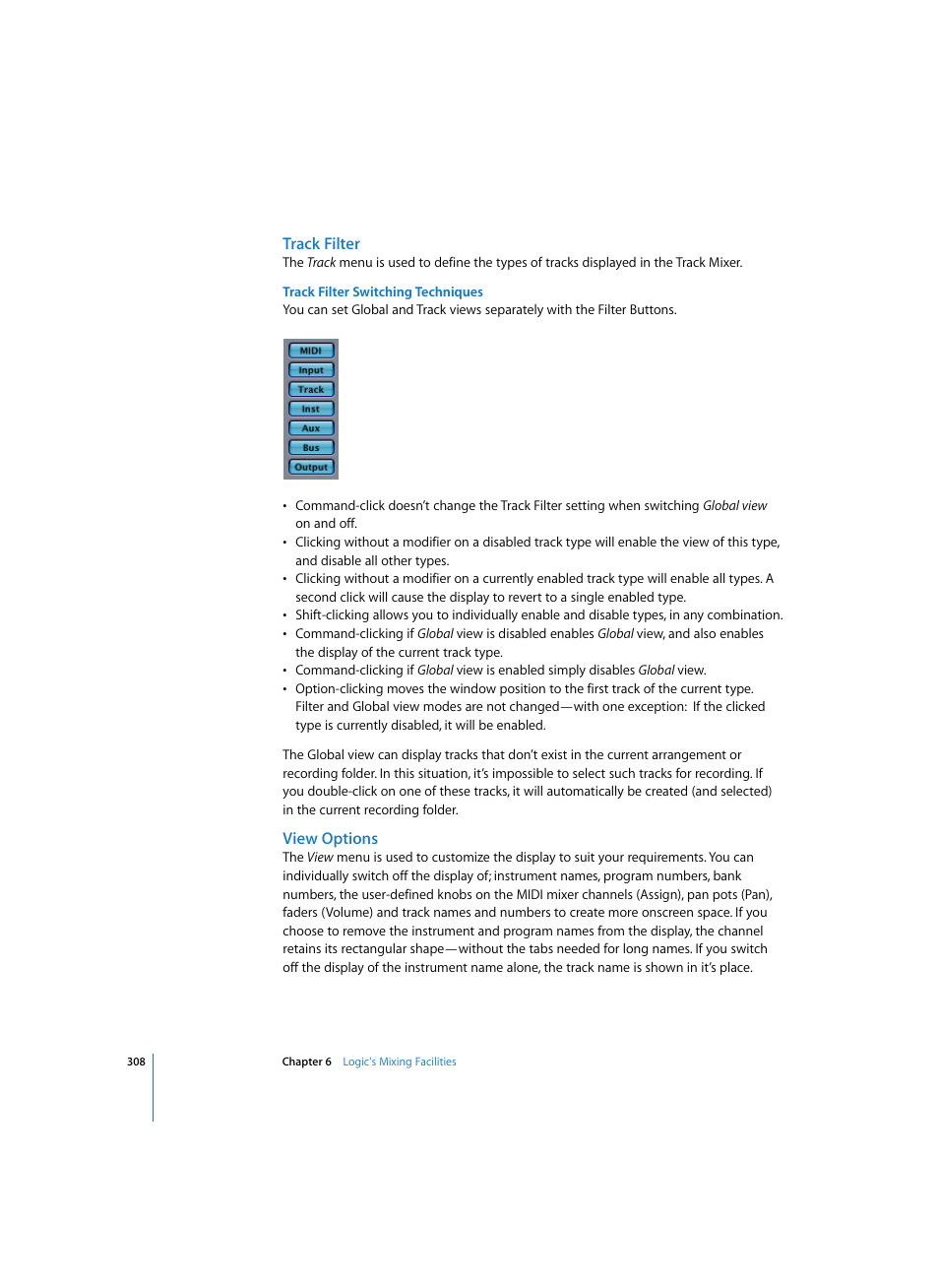 Track filter, Track filter switching techniques, View options | Apple Logic Pro 7 User Manual | Page 308 / 730