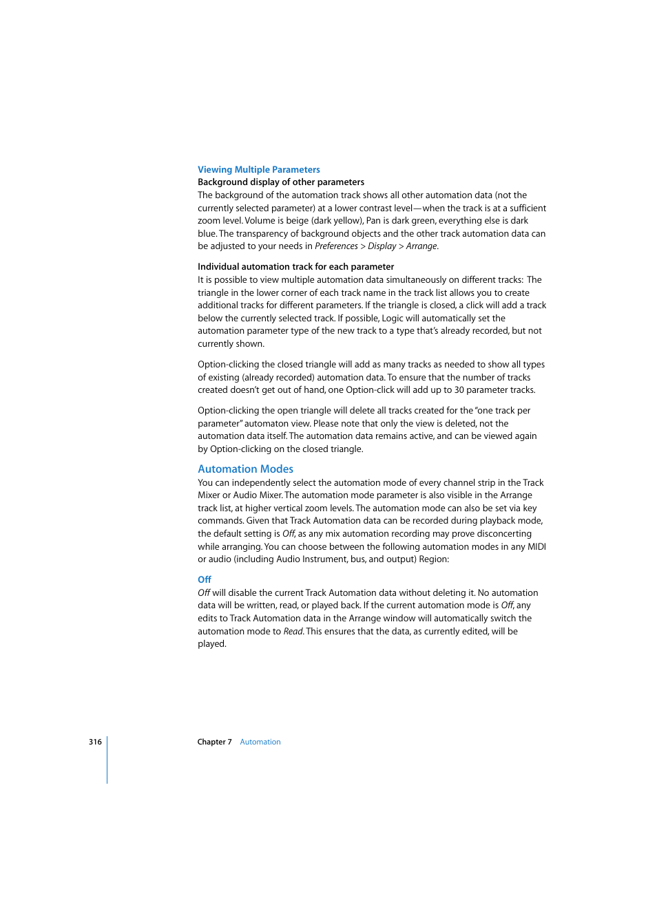 Viewing multiple parameters, Automation modes | Apple Logic Pro 7 User Manual | Page 316 / 730