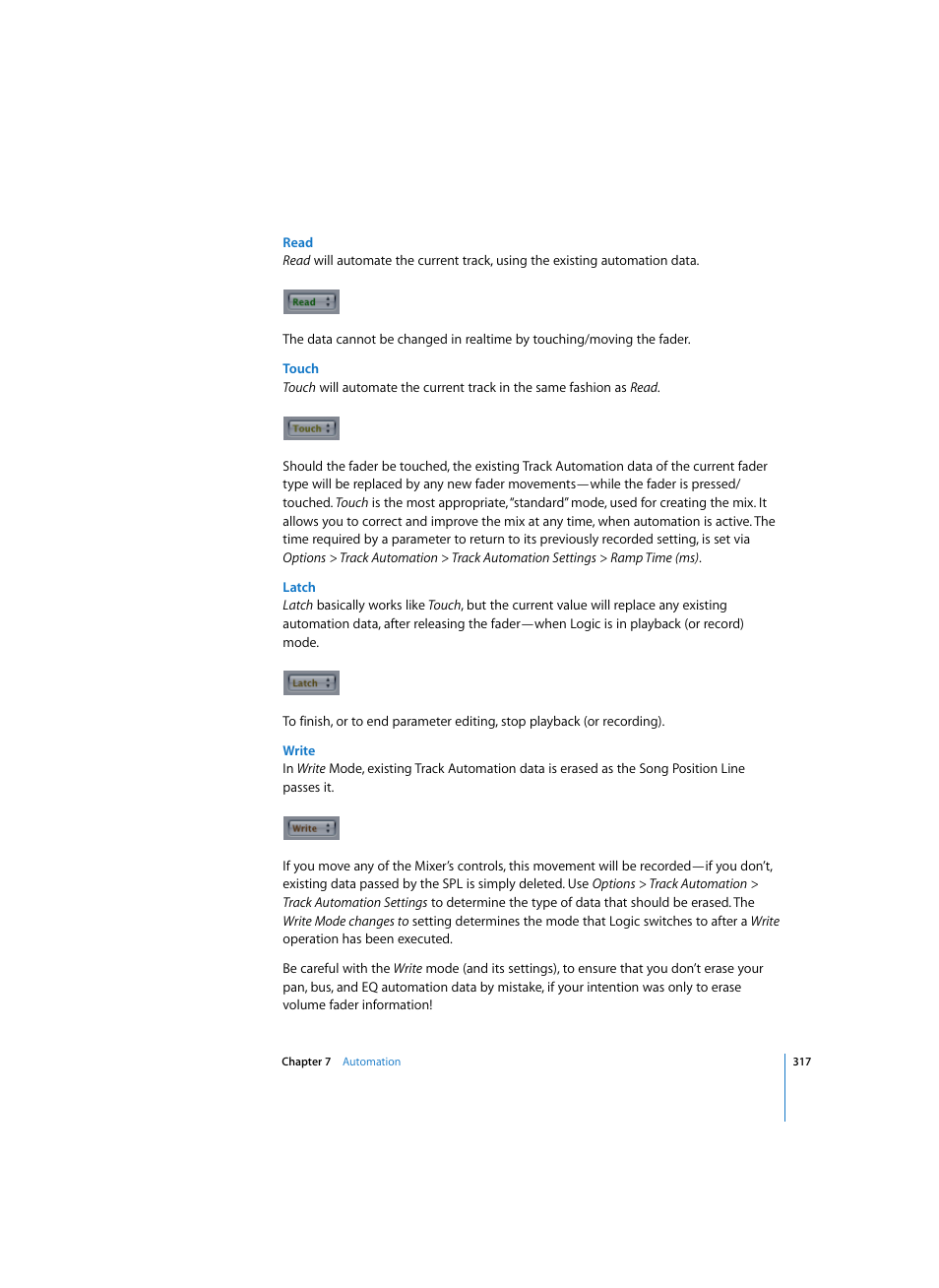 Read, Touch, Latch | Write | Apple Logic Pro 7 User Manual | Page 317 / 730