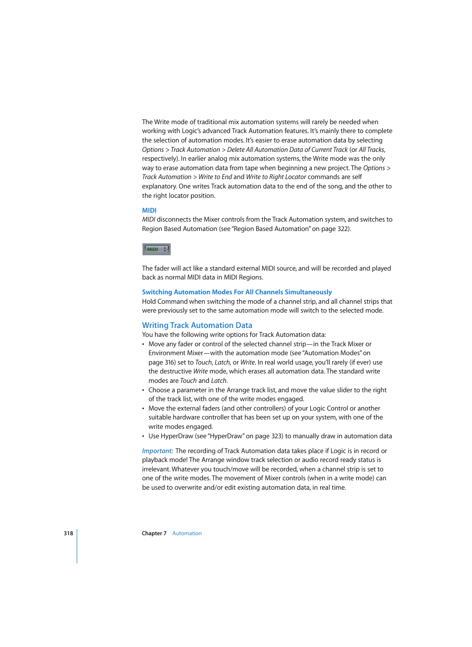 Midi, Writing track automation data | Apple Logic Pro 7 User Manual | Page 318 / 730