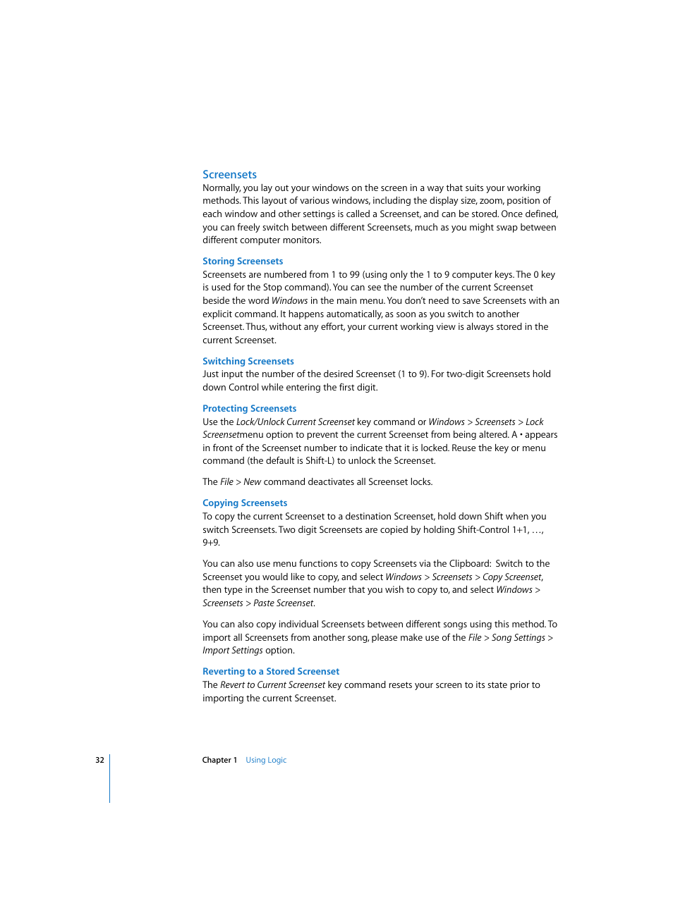 Screensets, Storing screensets, Switching screensets | Protecting screensets, Copying screensets, Reverting to a stored screenset | Apple Logic Pro 7 User Manual | Page 32 / 730