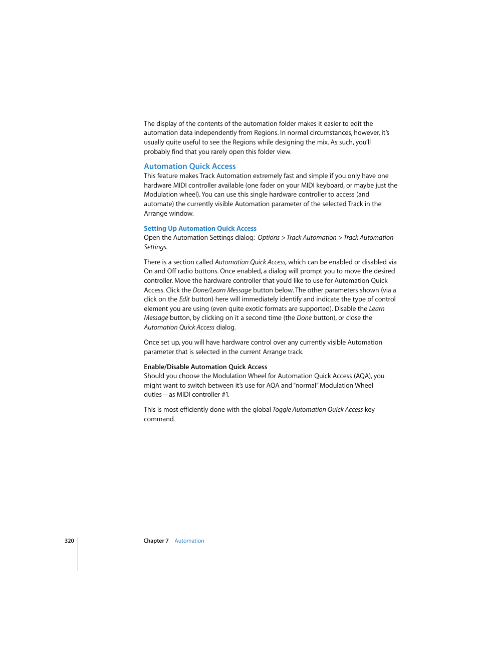 Automation quick access, Setting up automation quick access | Apple Logic Pro 7 User Manual | Page 320 / 730