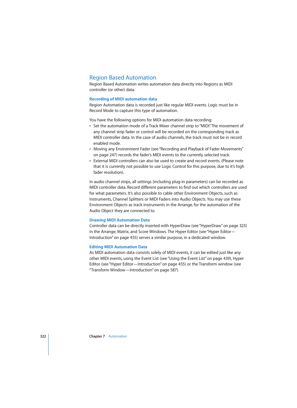 Region based automation, Recording of midi automation data, Drawing midi automation data | Editing midi automation data | Apple Logic Pro 7 User Manual | Page 322 / 730