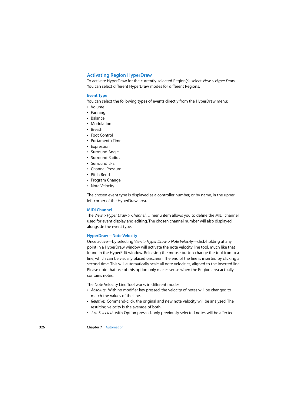 Activating region hyperdraw, Event type, Midi channel | Hyperdraw—note velocity | Apple Logic Pro 7 User Manual | Page 326 / 730