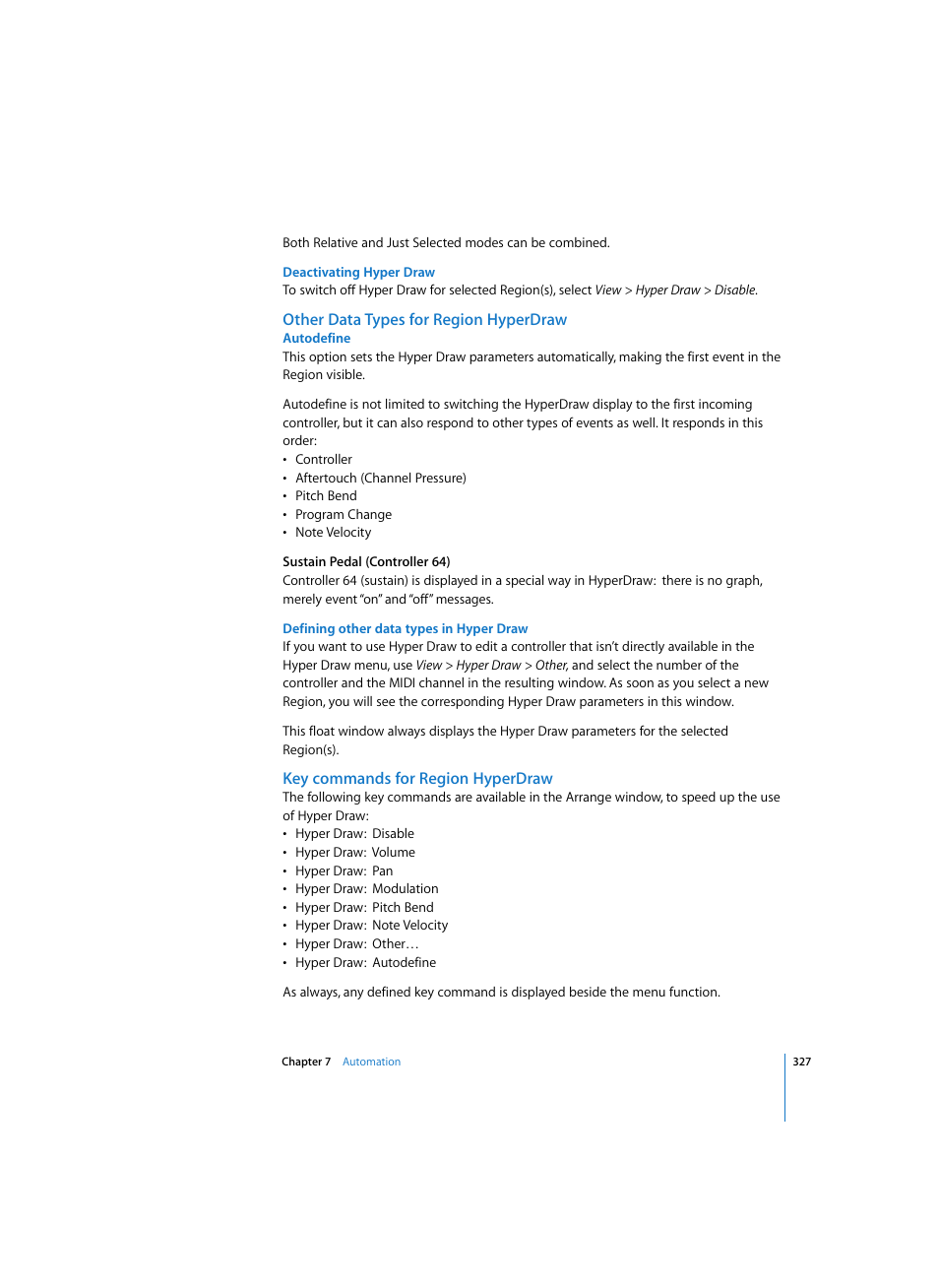 Deactivating hyper draw, Other data types for region hyperdraw, Autodefine | Defining other data types in hyper draw, Key commands for region hyperdraw | Apple Logic Pro 7 User Manual | Page 327 / 730