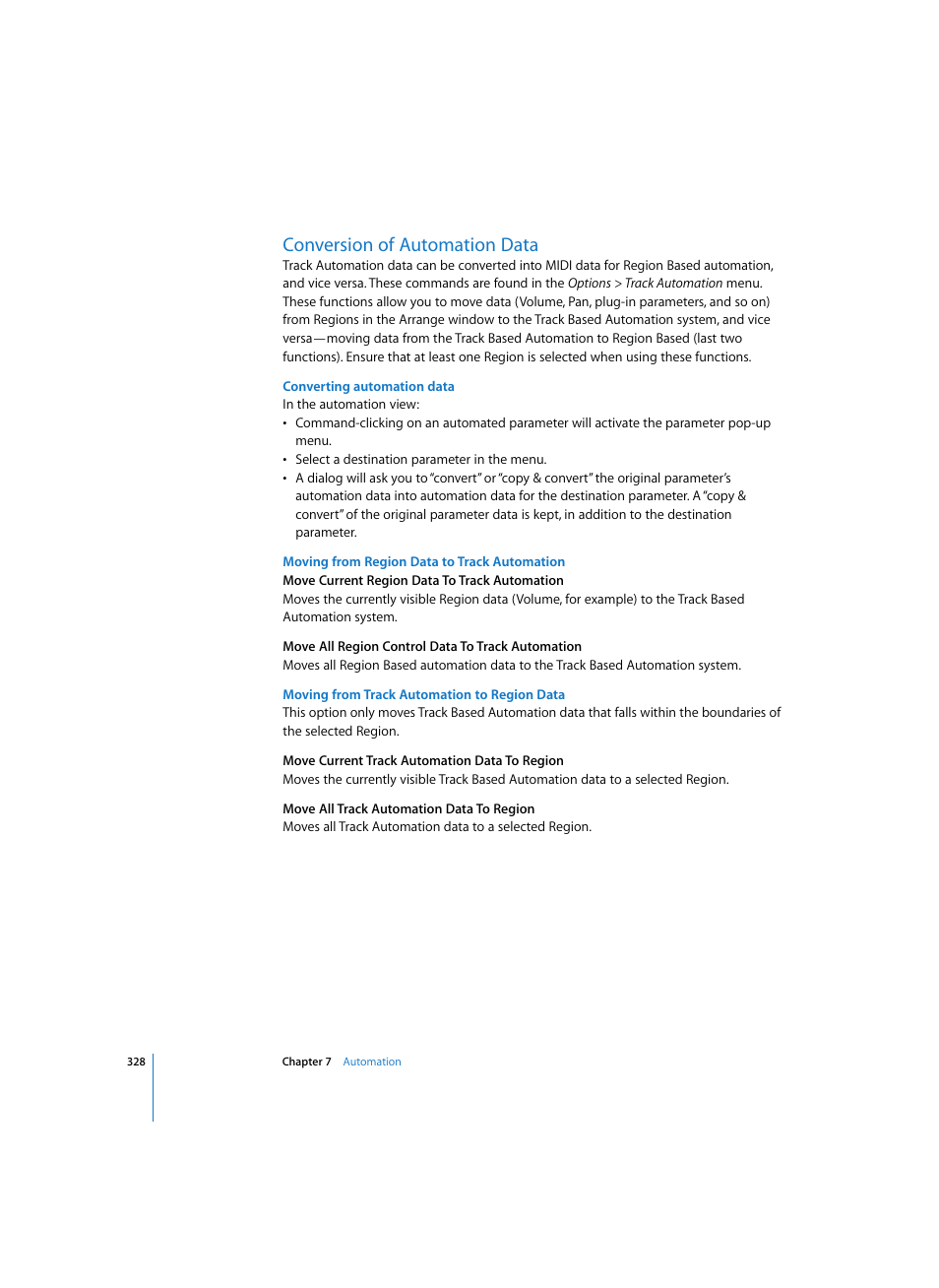 Conversion of automation data, Converting automation data, Moving from region data to track automation | Moving from track automation to region data | Apple Logic Pro 7 User Manual | Page 328 / 730