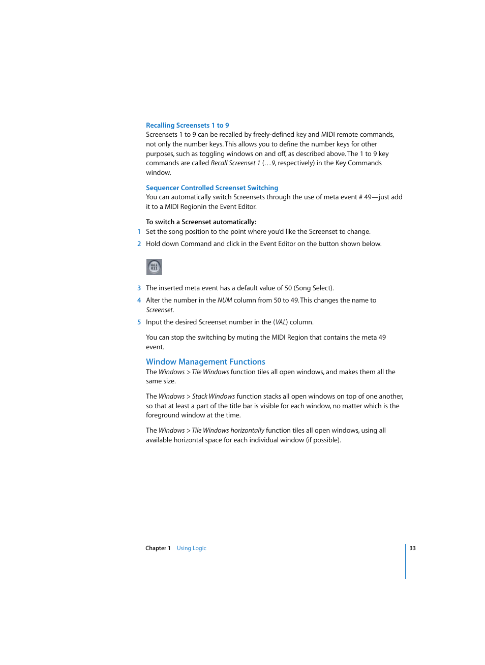 Recalling screensets 1 to 9, Sequencer controlled screenset switching, Window management functions | Apple Logic Pro 7 User Manual | Page 33 / 730