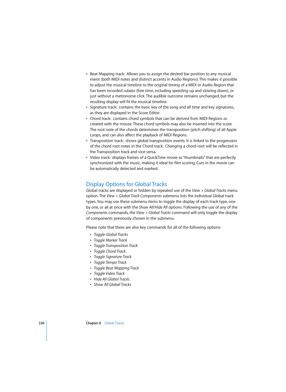 Display options for global tracks | Apple Logic Pro 7 User Manual | Page 330 / 730
