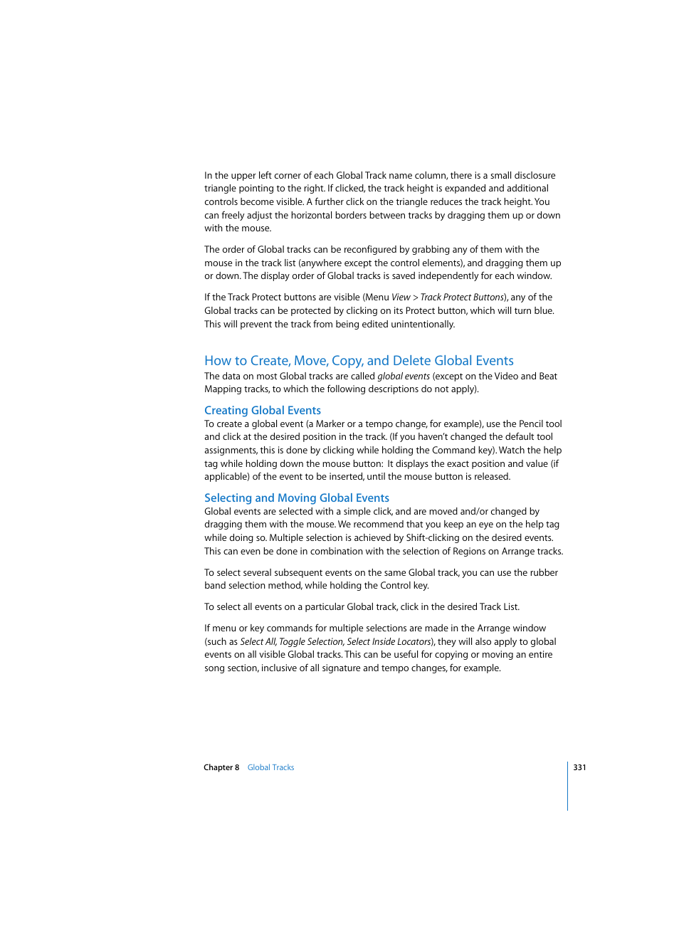 Creating global events, Selecting and moving global events | Apple Logic Pro 7 User Manual | Page 331 / 730