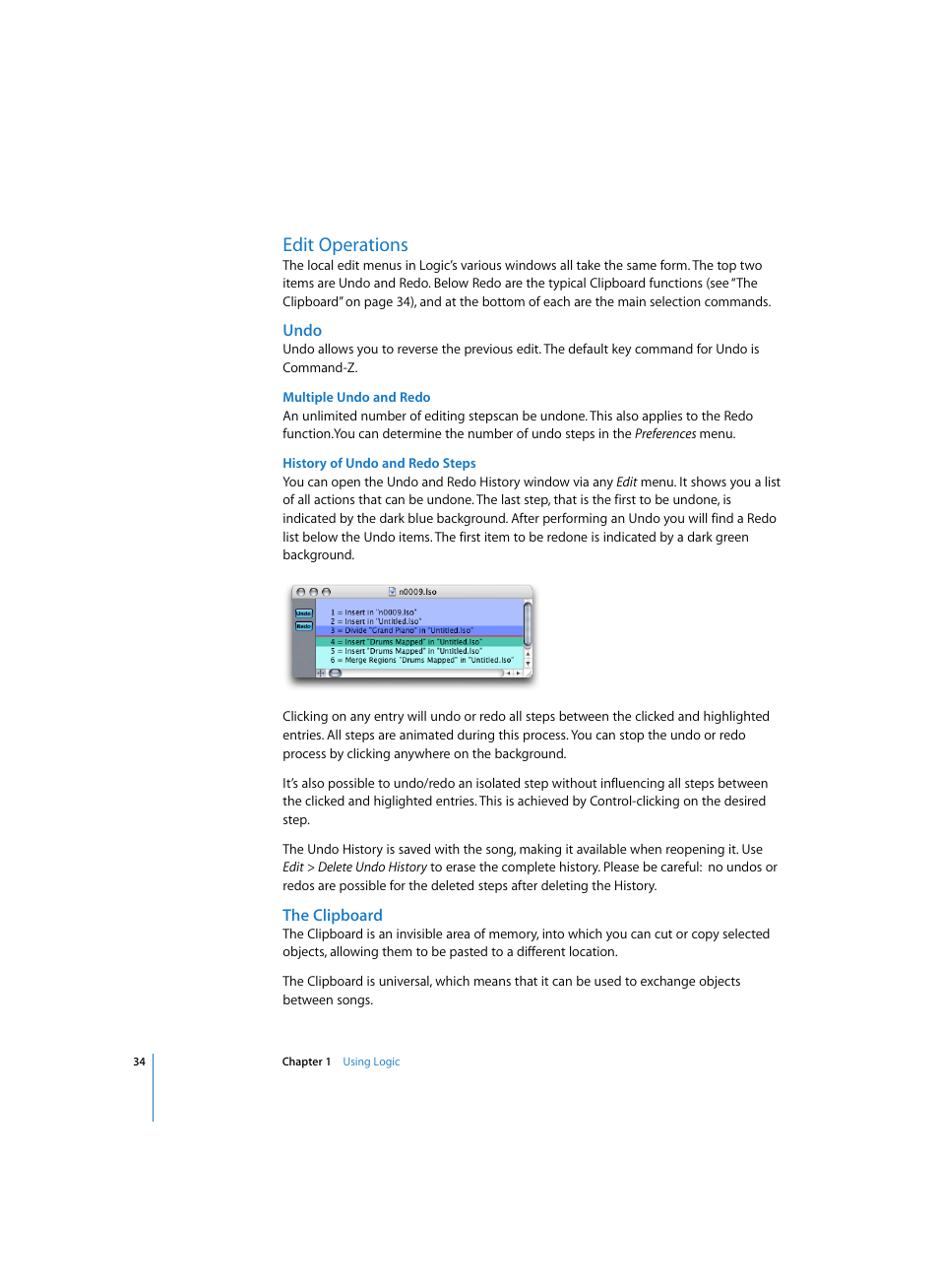 Edit operations, Undo, Multiple undo and redo | History of undo and redo steps, The clipboard | Apple Logic Pro 7 User Manual | Page 34 / 730