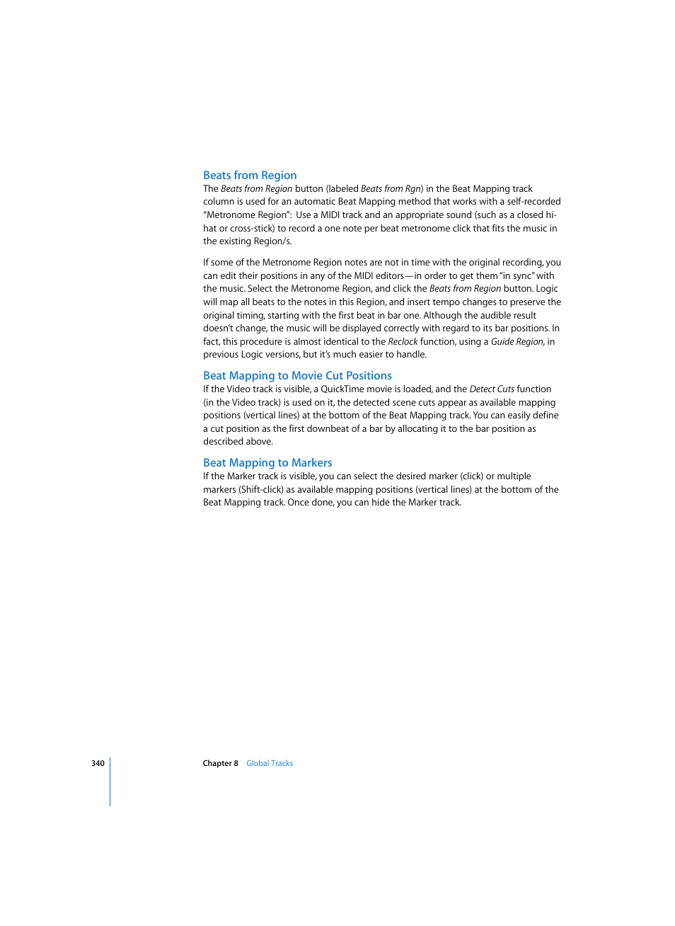 Beats from region, Beat mapping to movie cut positions, Beat mapping to markers | Apple Logic Pro 7 User Manual | Page 340 / 730