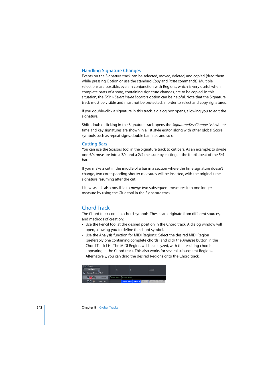 Handling signature changes, Cutting bars, Chord track | Apple Logic Pro 7 User Manual | Page 342 / 730