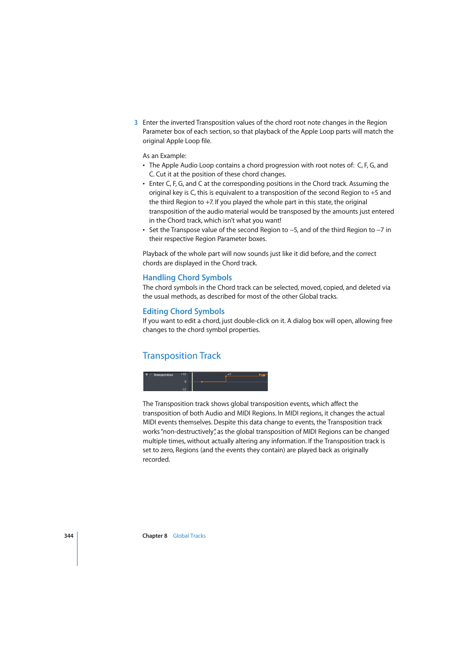 Handling chord symbols, Editing chord symbols, Transposition track | Apple Logic Pro 7 User Manual | Page 344 / 730