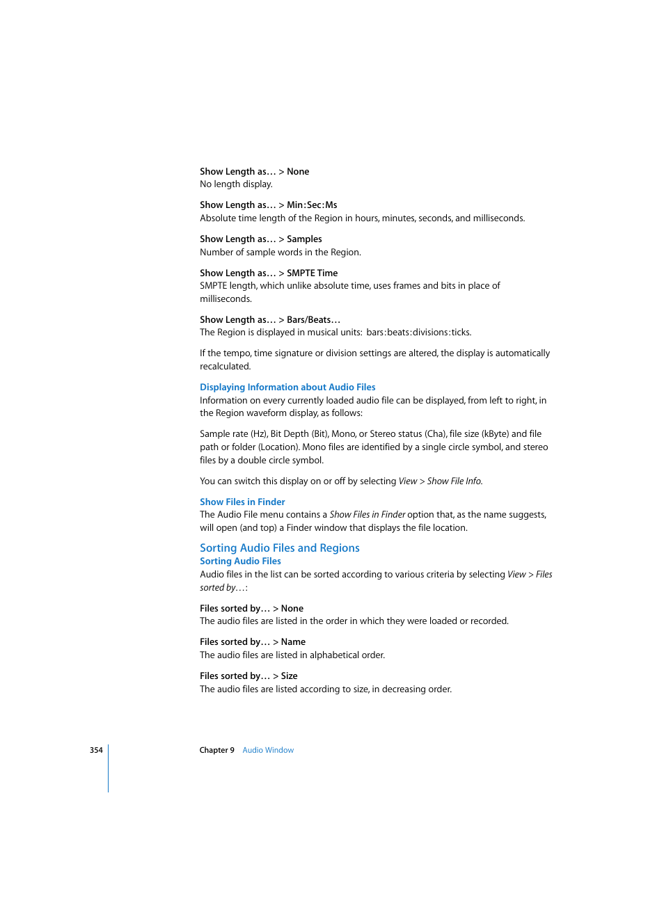 Displaying information about audio files, Show files in finder, Sorting audio files and regions | Sorting audio files | Apple Logic Pro 7 User Manual | Page 354 / 730