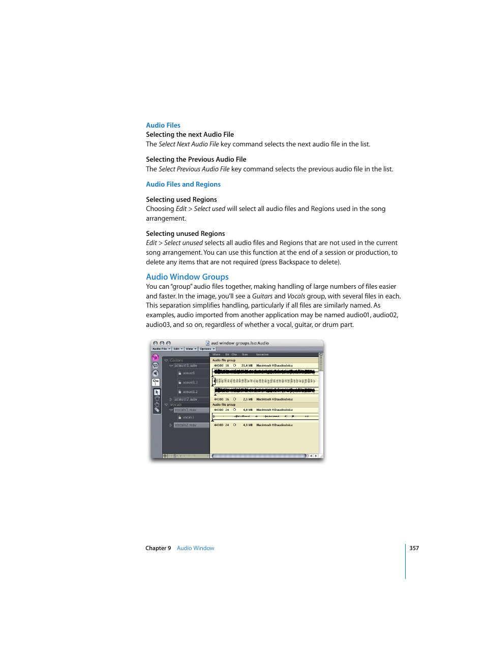 Audio files, Audio files and regions, Audio window groups | Apple Logic Pro 7 User Manual | Page 357 / 730