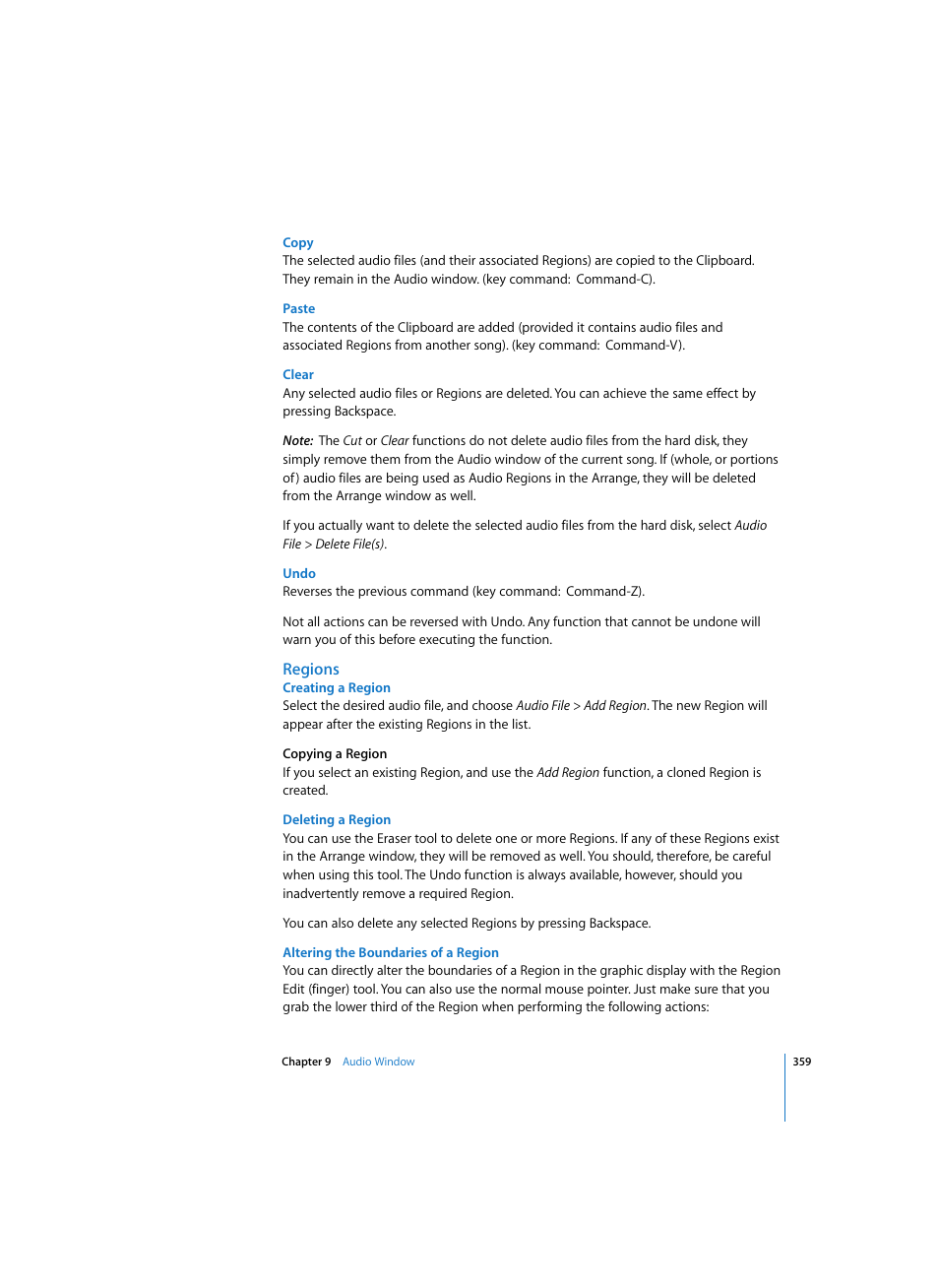 Copy, Paste, Clear | Undo, Regions, Creating a region, Deleting a region, Altering the boundaries of a region | Apple Logic Pro 7 User Manual | Page 359 / 730