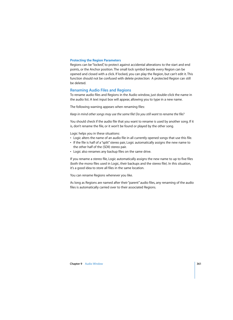 Protecting the region parameters, Renaming audio files and regions | Apple Logic Pro 7 User Manual | Page 361 / 730