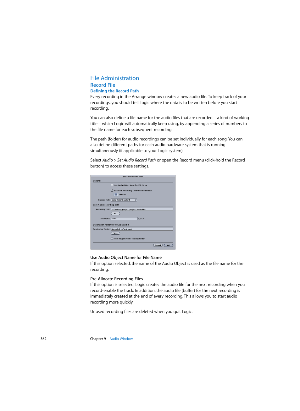 File administration, Record file, Defining the record path | Apple Logic Pro 7 User Manual | Page 362 / 730