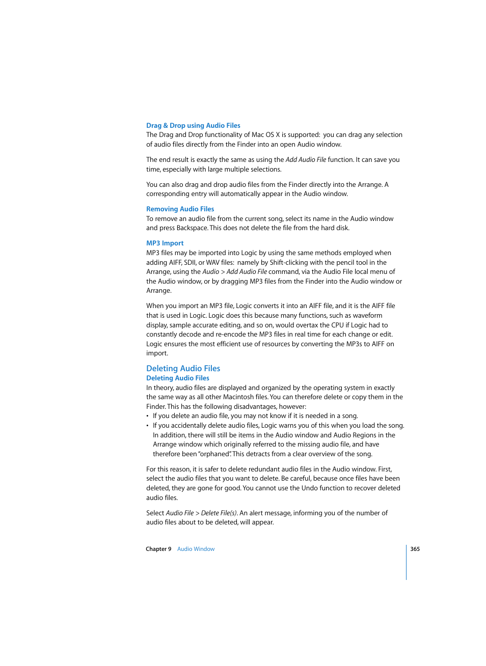 Drag & drop using audio files, Removing audio files, Mp3 import | Deleting audio files | Apple Logic Pro 7 User Manual | Page 365 / 730