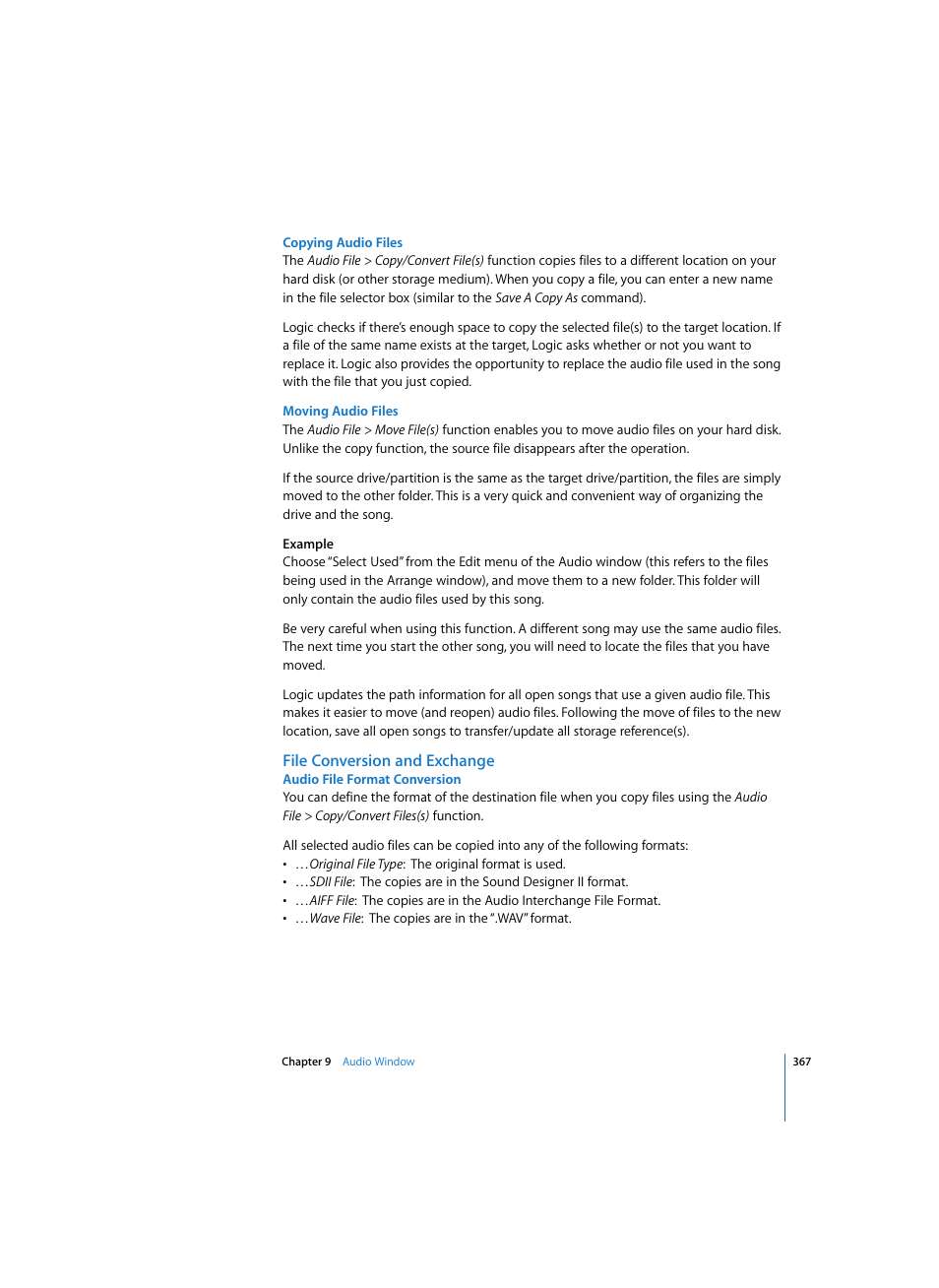 Copying audio files, Moving audio files, File conversion and exchange | Audio file format conversion | Apple Logic Pro 7 User Manual | Page 367 / 730