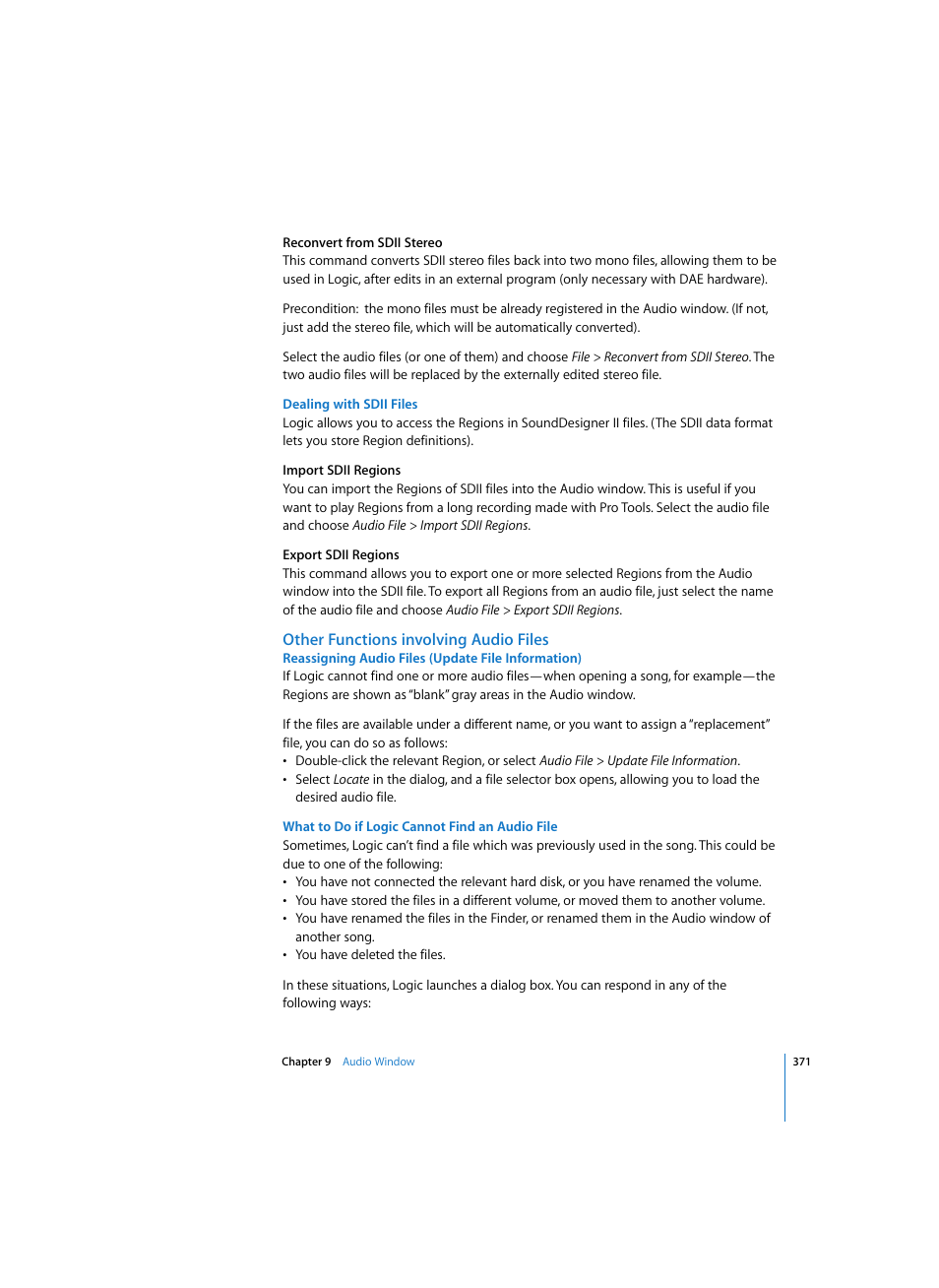 Dealing with sdii files, Other functions involving audio files, Reassigning audio files (update file information) | What to do if logic cannot find an audio file | Apple Logic Pro 7 User Manual | Page 371 / 730