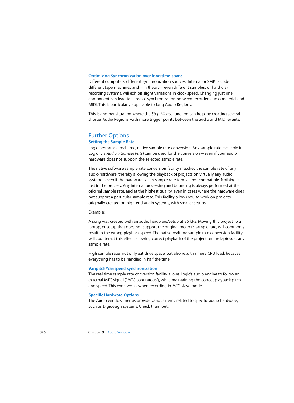 Optimizing synchronization over long time-spans, Further options, Setting the sample rate | Varipitch/varispeed synchronization, Specific hardware options | Apple Logic Pro 7 User Manual | Page 376 / 730