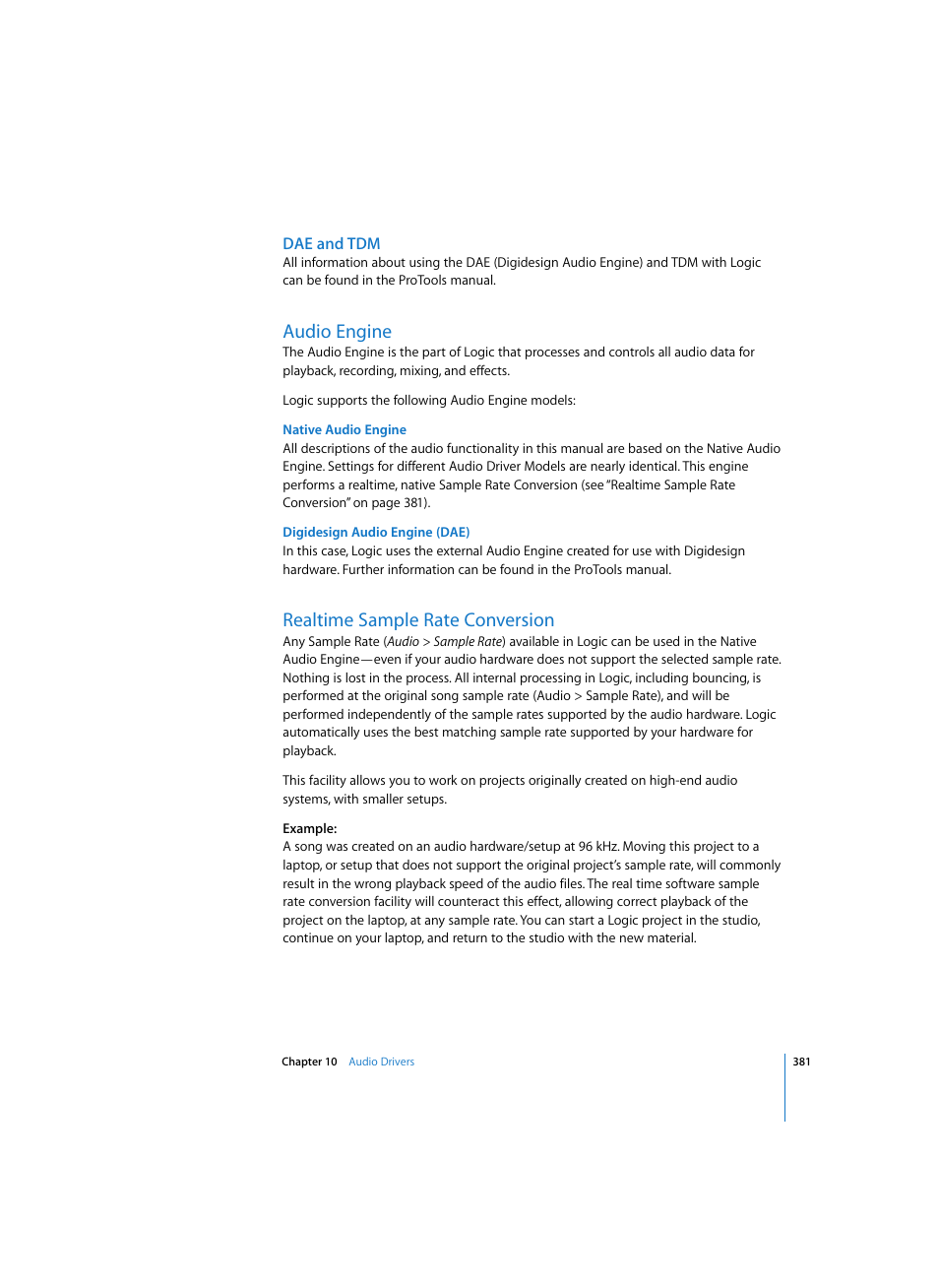 Dae and tdm, Audio engine, Native audio engine | Digidesign audio engine (dae), Realtime sample rate conversion | Apple Logic Pro 7 User Manual | Page 381 / 730