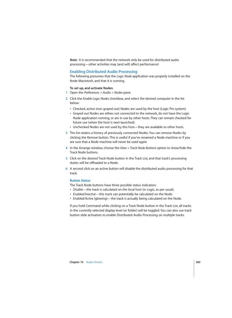 Enabling distributed audio processing, Button status | Apple Logic Pro 7 User Manual | Page 383 / 730
