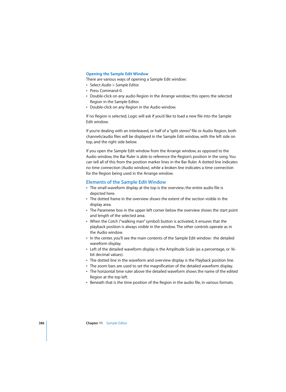 Opening the sample edit window, Elements of the sample edit window | Apple Logic Pro 7 User Manual | Page 386 / 730