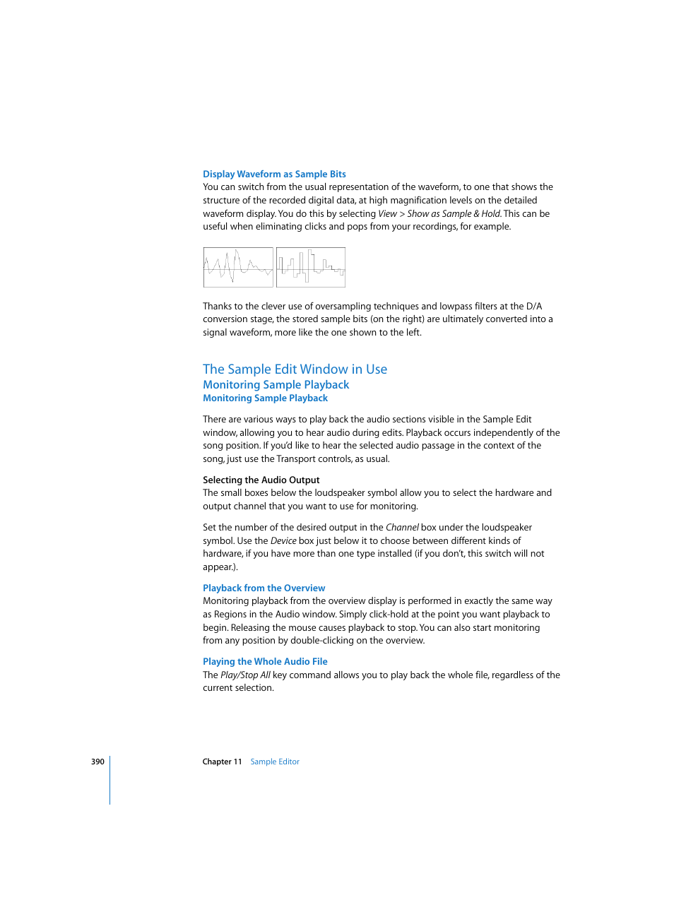 Display waveform as sample bits, The sample edit window in use, Monitoring sample playback | Playback from the overview, Playing the whole audio file | Apple Logic Pro 7 User Manual | Page 390 / 730