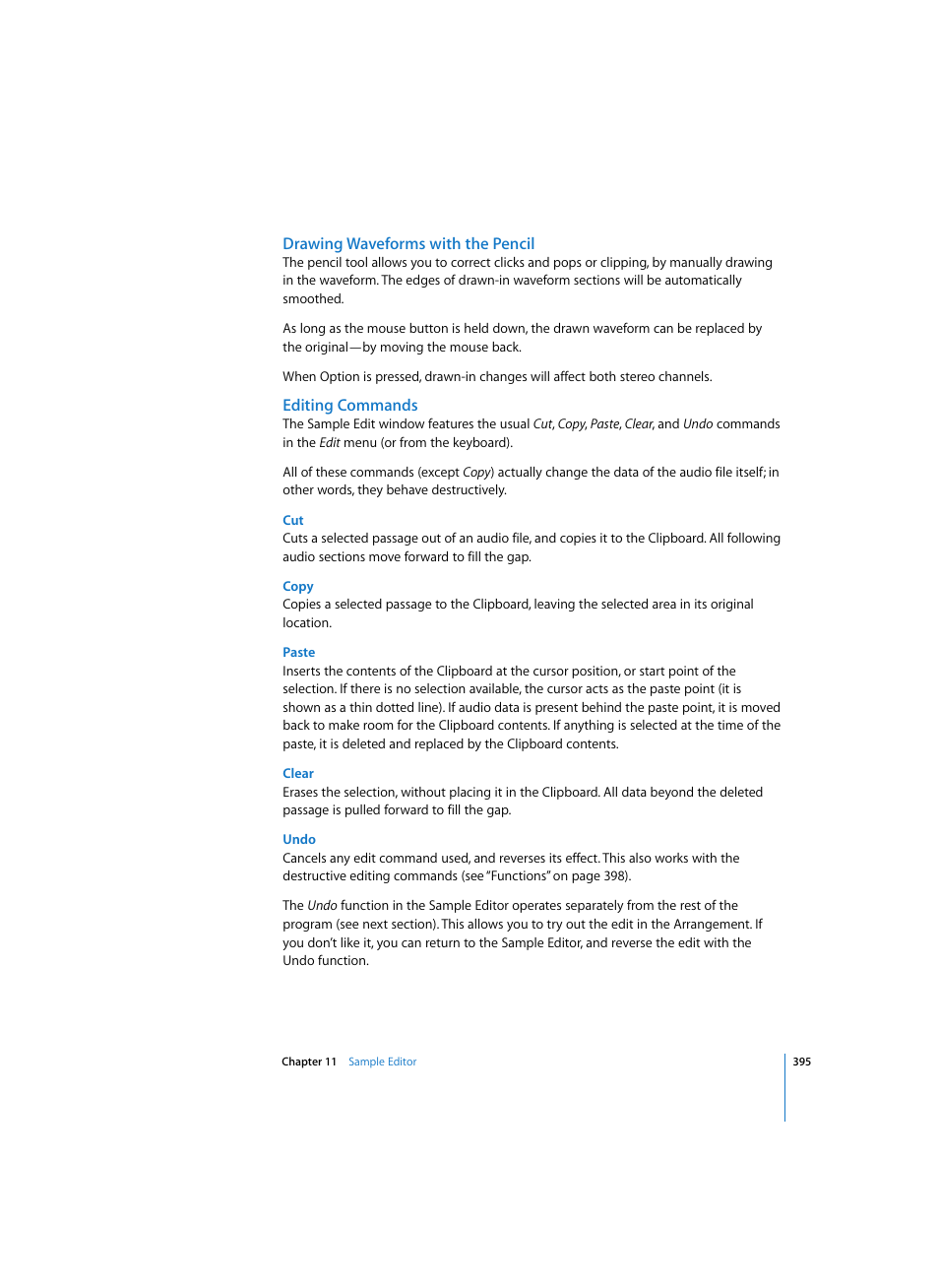Drawing waveforms with the pencil, Editing commands, Copy | Paste, Clear, Undo | Apple Logic Pro 7 User Manual | Page 395 / 730