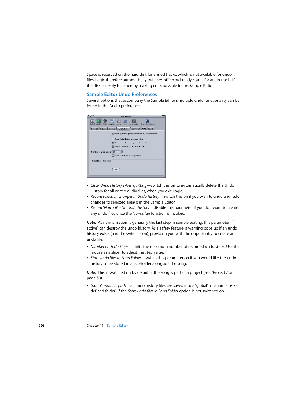 Sample editor undo preferences | Apple Logic Pro 7 User Manual | Page 396 / 730