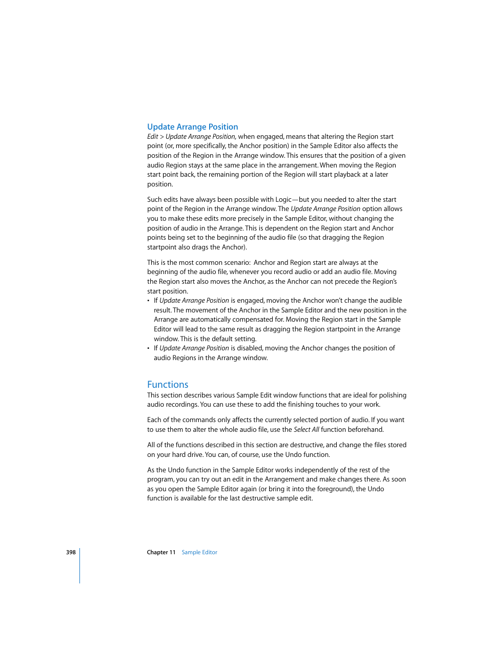 Update arrange position, Functions | Apple Logic Pro 7 User Manual | Page 398 / 730